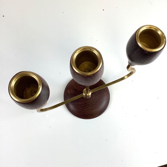Mid Century Modern Danish Wood Brass Tulip Candle Holders MCM Art Nouveau Triple - Picture 3 of 6